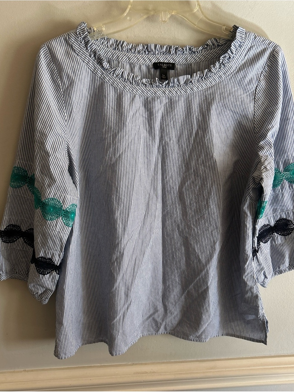 Talbots Blue Pinstripe Ruffle Neck Top with Green and Black Embroidery